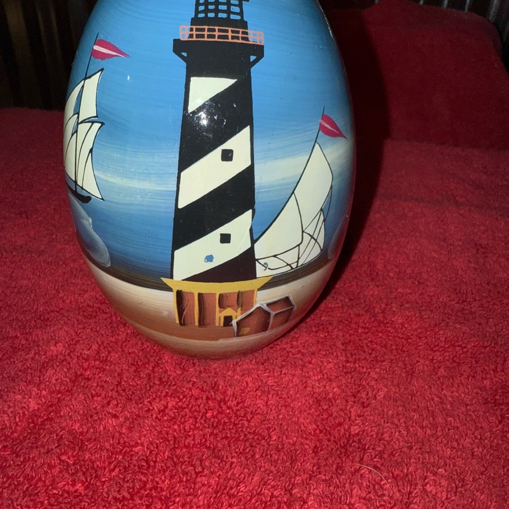 Hand-Painted Nautical Vase with Lighthouse Design
